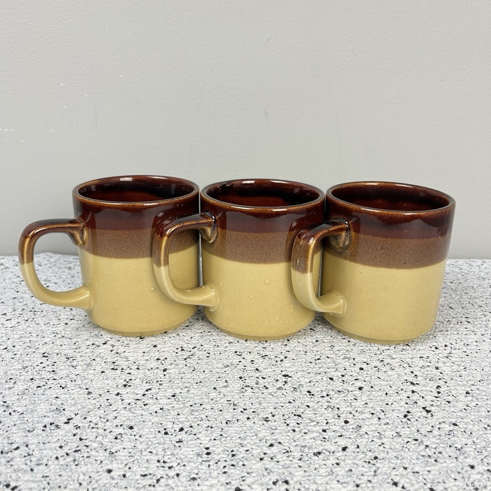 Small Coffee Mugs Brown Stripe‎ Ceramic Glaze Japan 8 oz Vintage 70s Set of 3